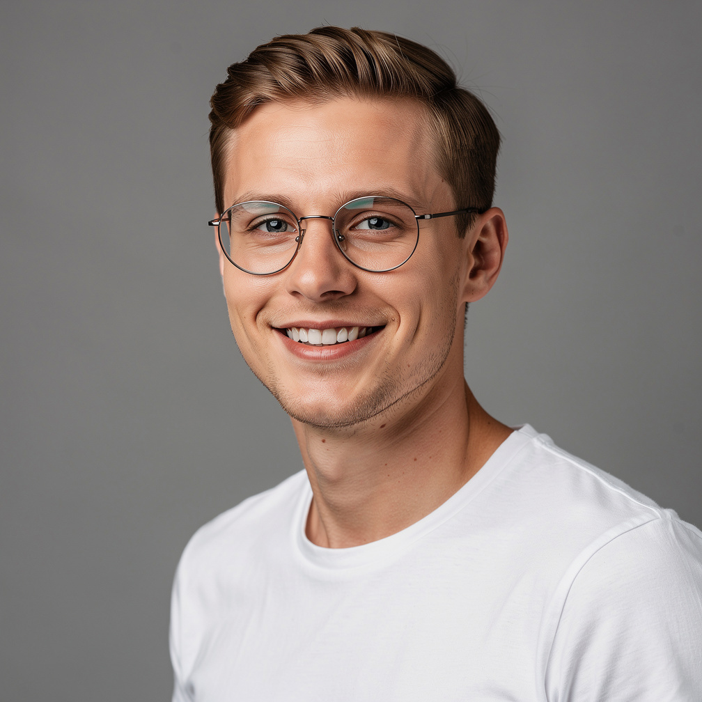 Studio portrait of a young Scandinavian man photographer with round glasses