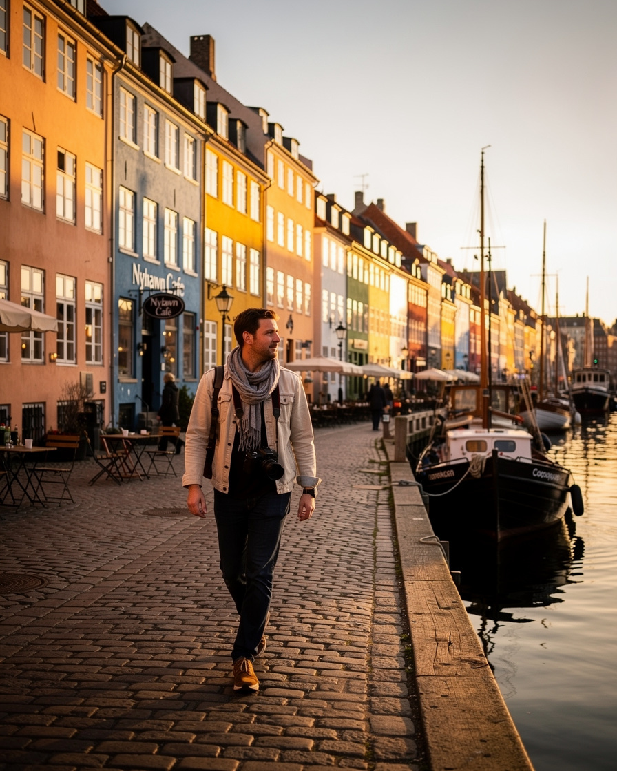 Photographer walking along the colorful harbor houses of Nyhavn in Copenhagen at golden hour