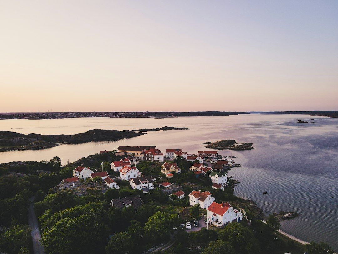 Aerial view of a small Danish coastal village with red rooftops and the sea